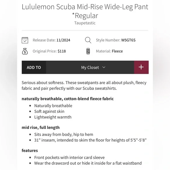 Women’s XL Lululemon Midrise Wideleg Taupetastic Sweatpants - Picture 3 of 8